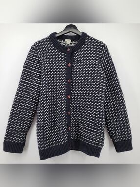 L.L. Bean Knit Cardigan Wool Sweater Size Medium Navy and White